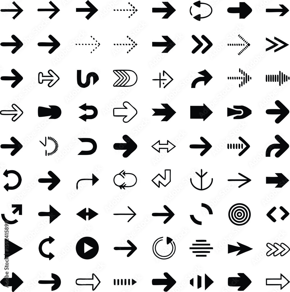 Poster collection of diverse black arrow icons illustrating navigation direction and ui elements