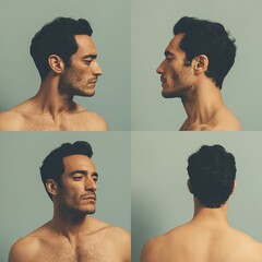 A handsome man shows different angles of his face and body in a simple studio shot. Four panels.