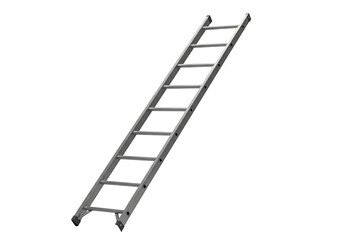 A silver leaning ladder angled against a black background with evenly spaced rungs