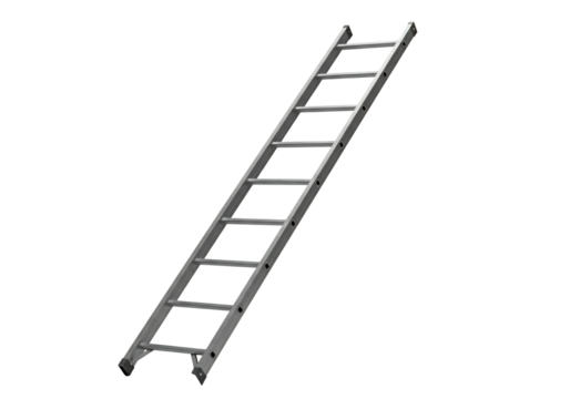 A silver leaning ladder angled against a black background with evenly spaced rungs