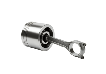 A metallic piston and connecting rod are shown on a black background
