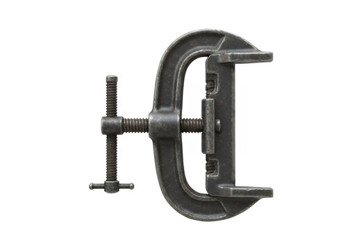 A metal Cclamp tool featuring a screw mechanism set against a black background