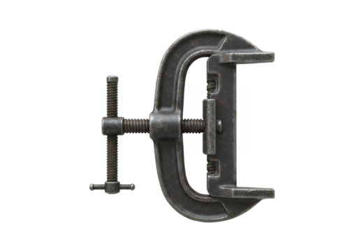 A metal Cclamp tool featuring a screw mechanism set against a black background
