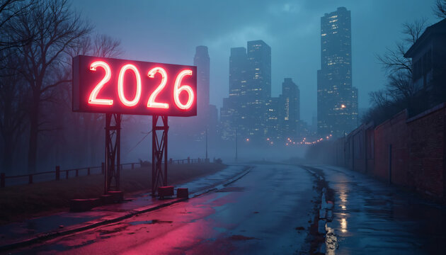 Neon Sign with Year 2026 Beside Road and City Skyline.