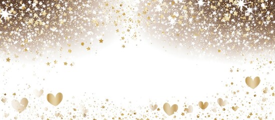 Gold confetti stars and hearts on white background