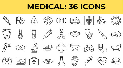 Medical icon set featuring 36 healthcare-related symbols  