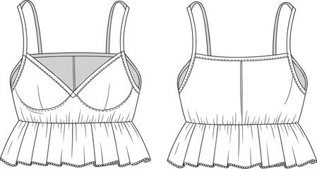 Stylish cropped camisole top with wide straps, pleated peplum hem, underbust seam, gathered detail, technical flat fashion design sketch