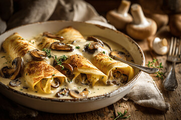 Rustic ficelle picarde savory stuffed crepe in cozy northern French kitchen