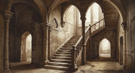 Fototapeta premium A grand stone staircase ascends within an ancient, arched hallway.