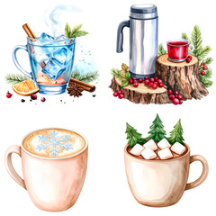 Winter drinks watercolor set with transparent background