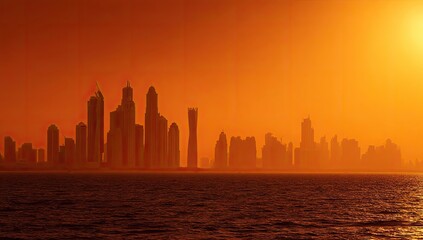 City skyline at sunset, hazy orange