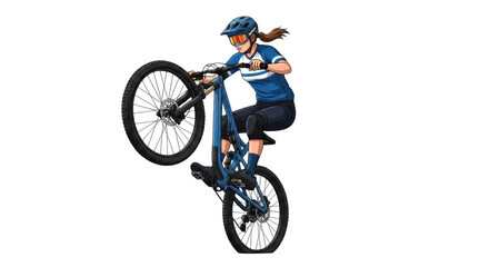 Obraz premium Female cyclist performing a wheelie on a mountain bike PNG illustration