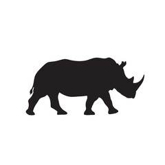 Black silhouette of a rhinoceros walking on a white background