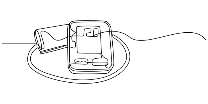 Electronic medical tonometer for measuring blood pressure. Medical healthcare check up analysis, Continuous one line drawing sphygmomanometer. World hypertension day concept. Single line draw design. 
