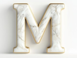 Marble letter M with golden frame on white background
