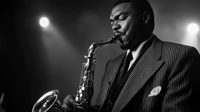 Black and white jazz musician playing saxophone on stage with spotlight creating atmosphere