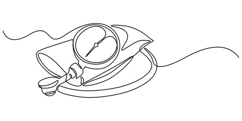 Electronic medical tonometer for measuring blood pressure. Medical healthcare check up analysis, Continuous one line drawing sphygmomanometer. World hypertension day concept. Single line draw design. 