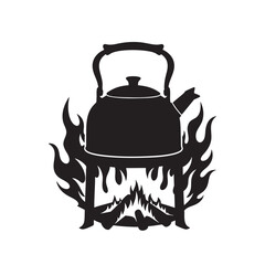 Black silhouette of a kettle over a campfire, ready to brew tea
