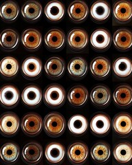 A grid of different eye irises, showcasing various colors and patterns. Unique and colorful eye collection.