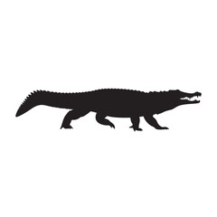 Silhouette of a crocodile walking with its mouth slightly ajar revealing teeth