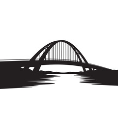 Dramatic black and white silhouette of an arch bridge spanning water landscape