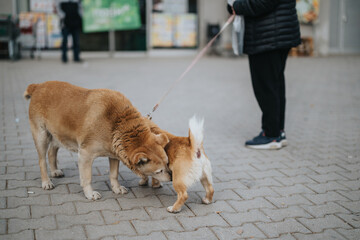A lively scene outdoors where two leashed dogs are sniffing each other, showcasing social behavior...