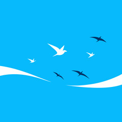 Abstract birds in flight against a blue sky vector on natural background.