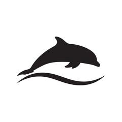 Silhouette of a jumping dolphin over sea waves on a white background