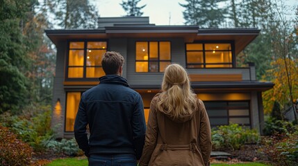 Couple admiring modern home at dusk