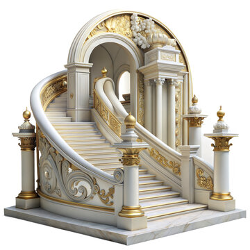 Grand white and gold ornate staircase with classical columns isolated on a transparent background image