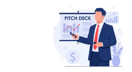 Anonymous Venture Capitalist Character Gesturing During a Pitch Deck Presentation in a Vibrant Flat Vector Style for Social media.