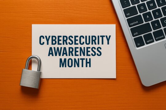 Flat lay composition of cybersecurity awareness month message, metallic padlock and laptop on orange background highlighting data protection and online safety themes 