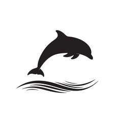 Silhouette of a dolphin leaping above stylized waves against a white background