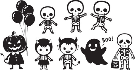 Fototapeta premium Vector art of cute halloween characters including skeletons, pumpkin, and ghost