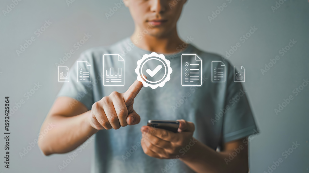 Poster a person is touching a digital checkmark icon surrounded by document icons, representing business pr
