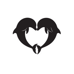 A pair of dolphins forming a heart shape in elegant black silhouette