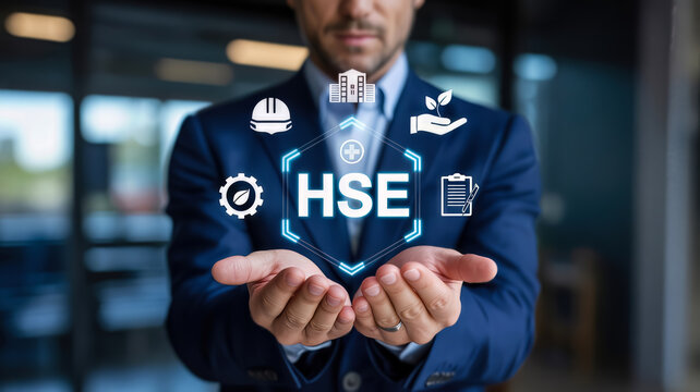 A businessman presents hse health, safety, and environment concepts with surrounding icons symbolizing protection, compliance, and sustainability