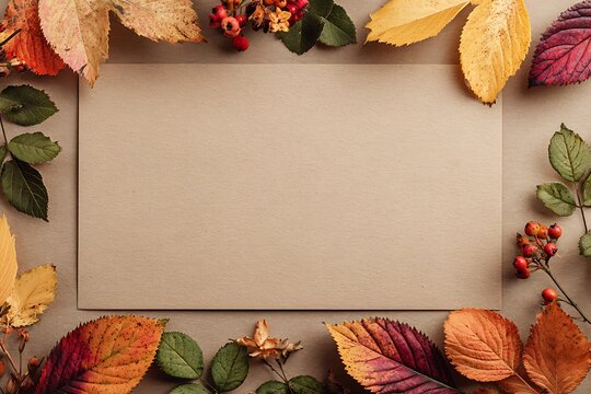 A beautiful autumn frame with colorful leaves and berries surrounding a blank paper, perfect for seasonal greetings and creative designs. - Powered by Adobe