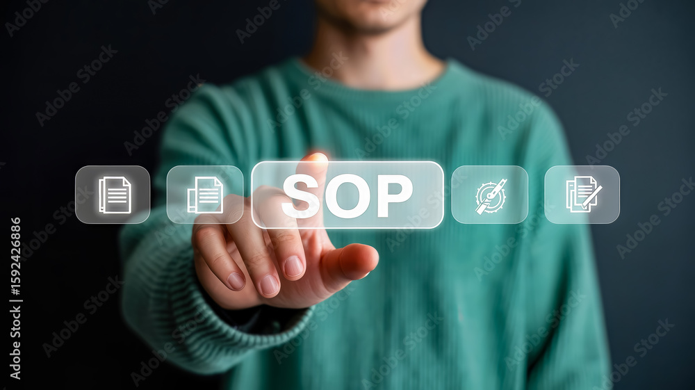 Poster a persons finger presses a glowing button labeled sop, surrounded by icons representing documents an