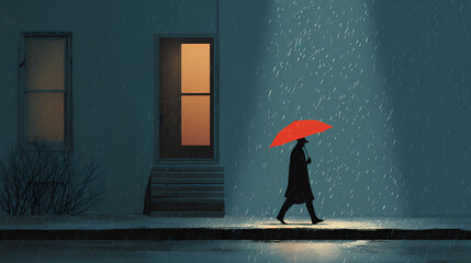 A person walks cautiously down a slippery street at night with an umbrella. slippery film. Illustration
