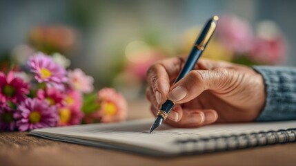 A woman is writing in a notebook with a pen. The notebook is open to a page with a flowery background. The woman's hand is writing on the page, and the pen is in her hand