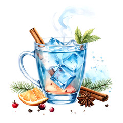 Steaming winter cocktail with ice, cinnamon, and orange on transparent background