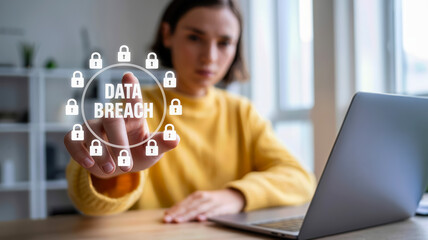 A woman points to a digital interface displaying a data breach warning, surrounded by security lock icons