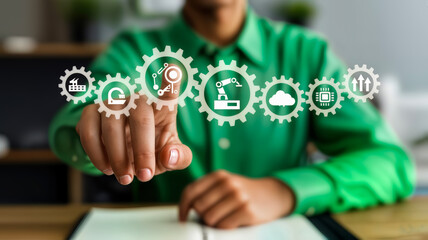 A person touches a series of interconnected gears representing industrial automation, technology, and global finance