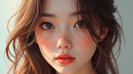 Fototapeta premium A lovely close-up portrait of a young Asian woman with a soft, dreamy look and rosy cheeks. Captures innocence, beauty, and a gentle, romantic mood.