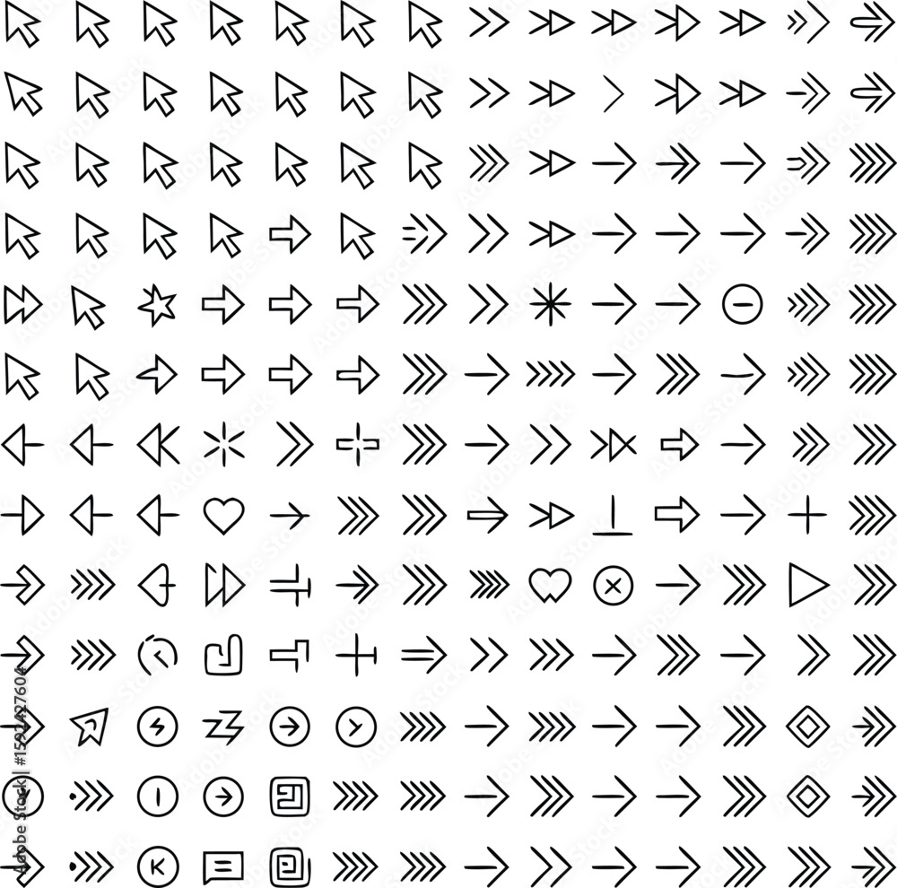 Poster set of various black and white arrow icons representing directions navigation and user interface ele