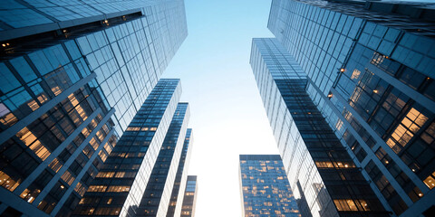 Fototapeta premium Upward wide-angle view of modern corporate skyscrapers with glass reflections and open blue sky, symbolizing business growth, financial ambition, and real estate development in urban city centers.