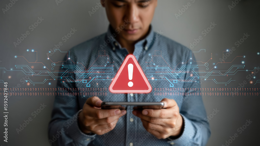 Poster a man looks intently at his smartphone, which displays a prominent red warning triangle symbol again