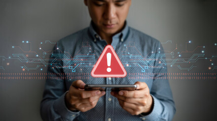 A man looks intently at his smartphone, which displays a prominent red warning triangle symbol against a backdrop of digital data streams