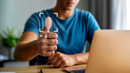 Fototapeta premium A persons thumb is scanned for fingerprint identification, displayed within a digital interface next to a laptop